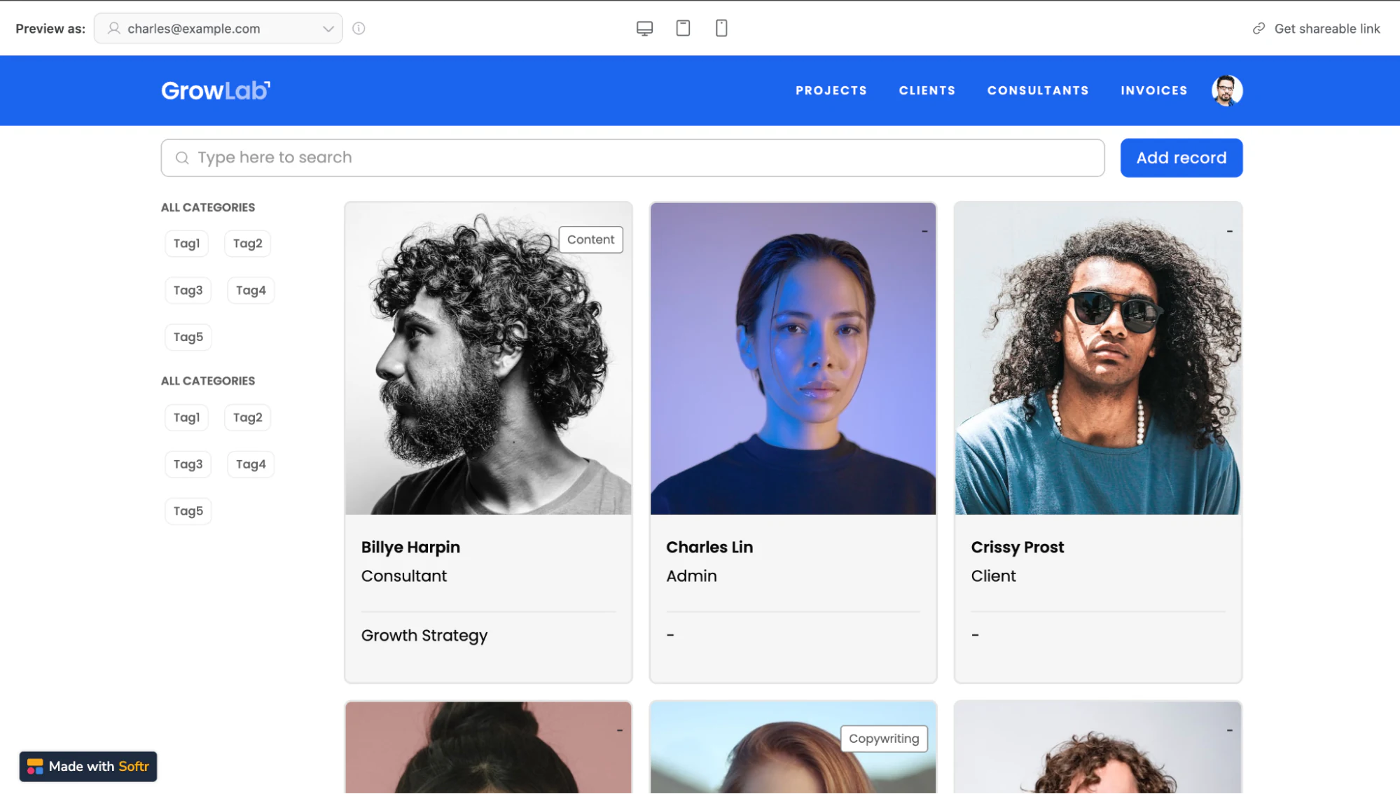 Preview of the Softr client portal as seen by an admin user group