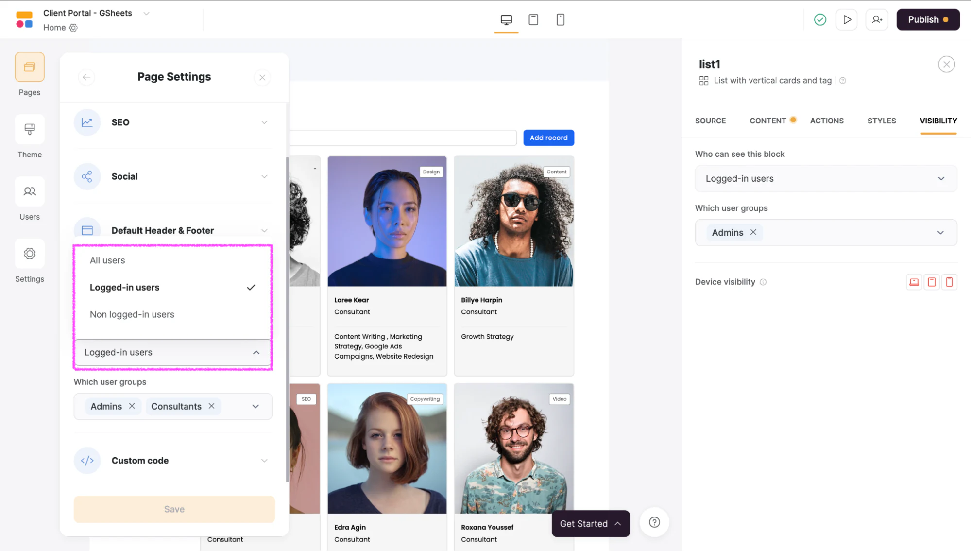 Selecting specific user groups allowed to view and edit a Softr page