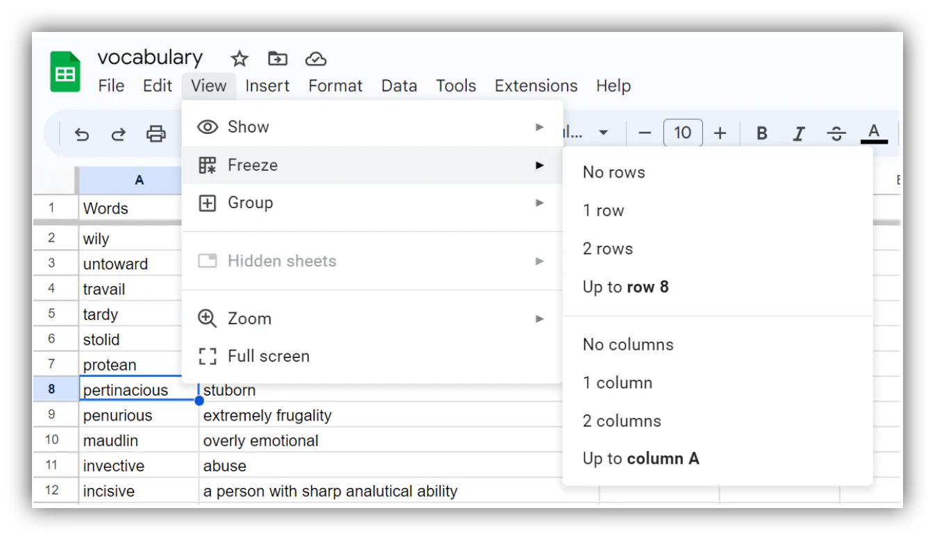 Google Sheets data sorted alphabetically in column A