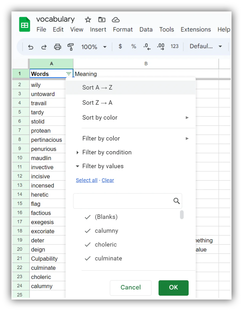 Sorting a column A to Z using the Google Sheets filter menu