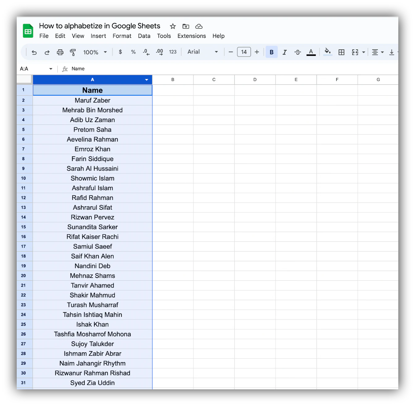 Selecting column A in Google Sheets before sorting