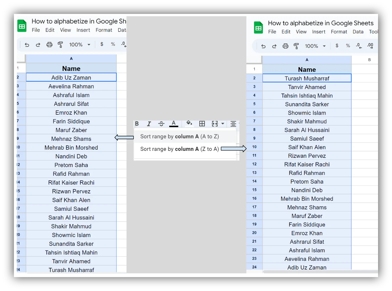 Column A alphabetized after applying the sort range option