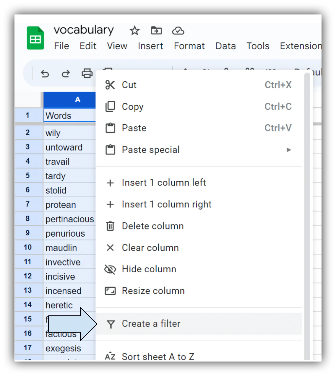 Creating a filter on a Google Sheets column