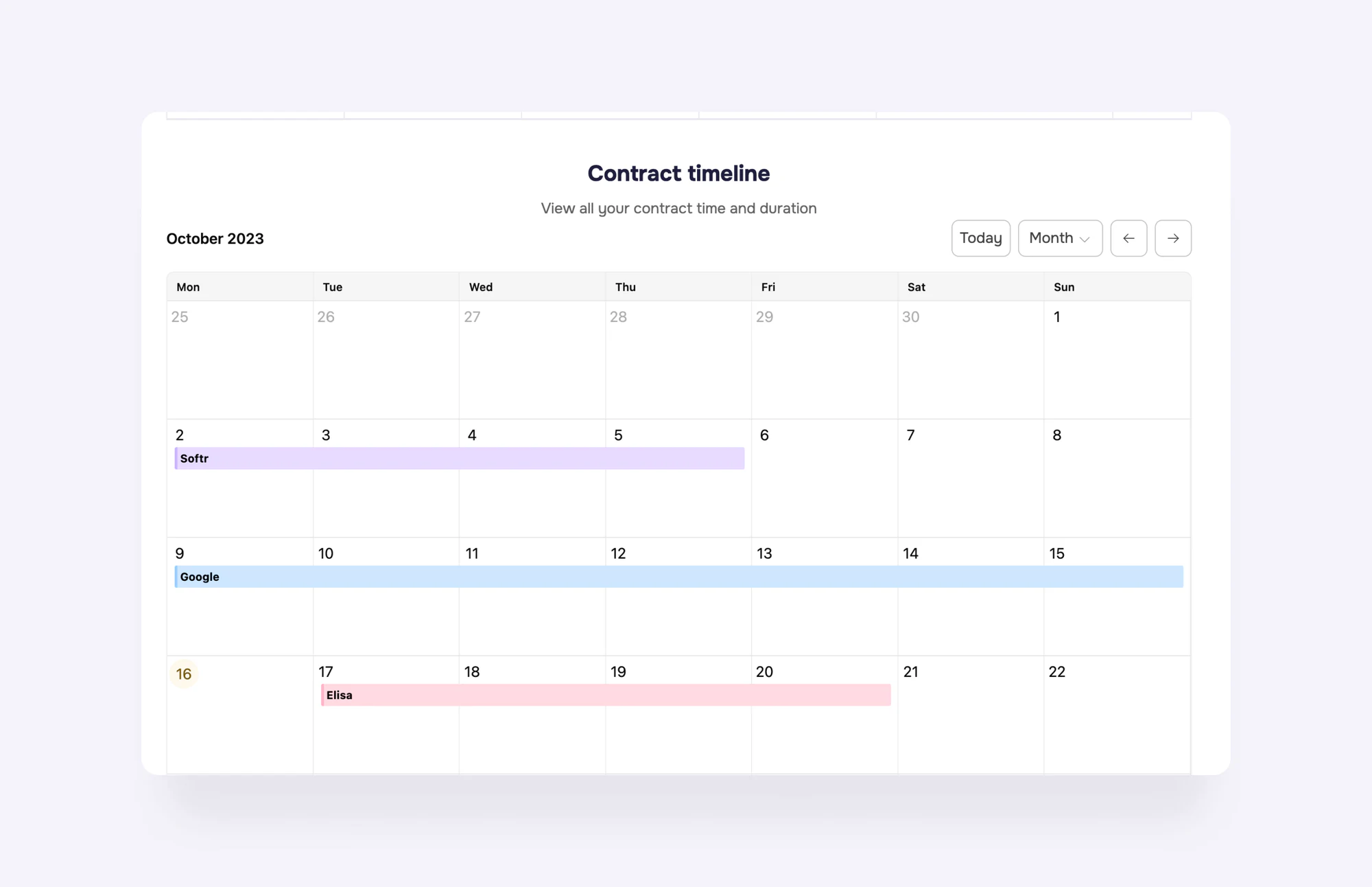 Contract management timeline in a Softr portal showing date ranges with Today and Month filters