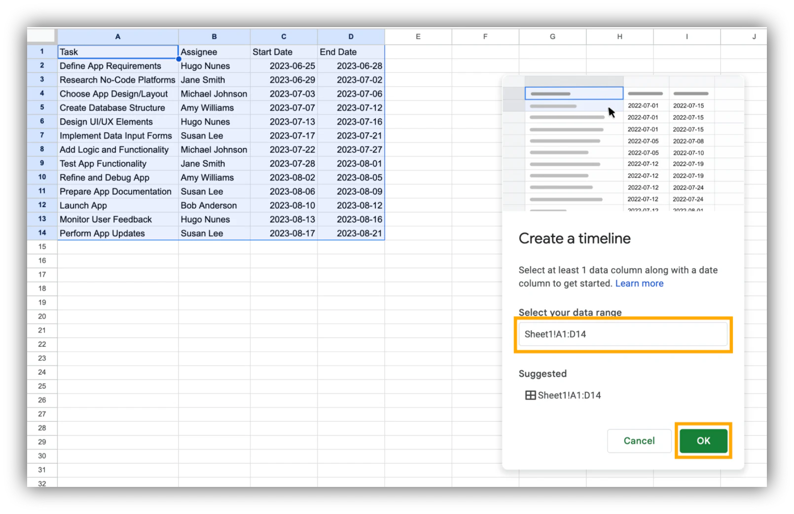Selecting the data range for a Google Sheets Timeline chart