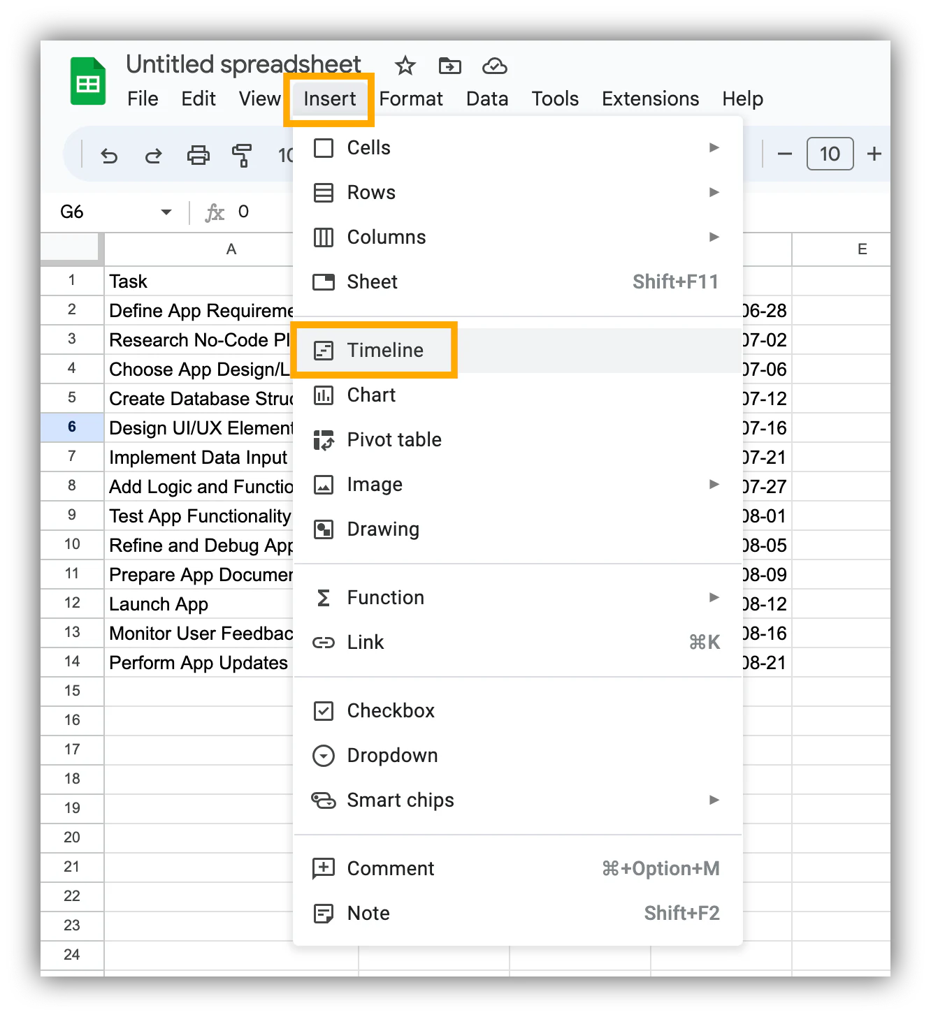 Insert menu in Google Sheets with the Timeline option highlighted