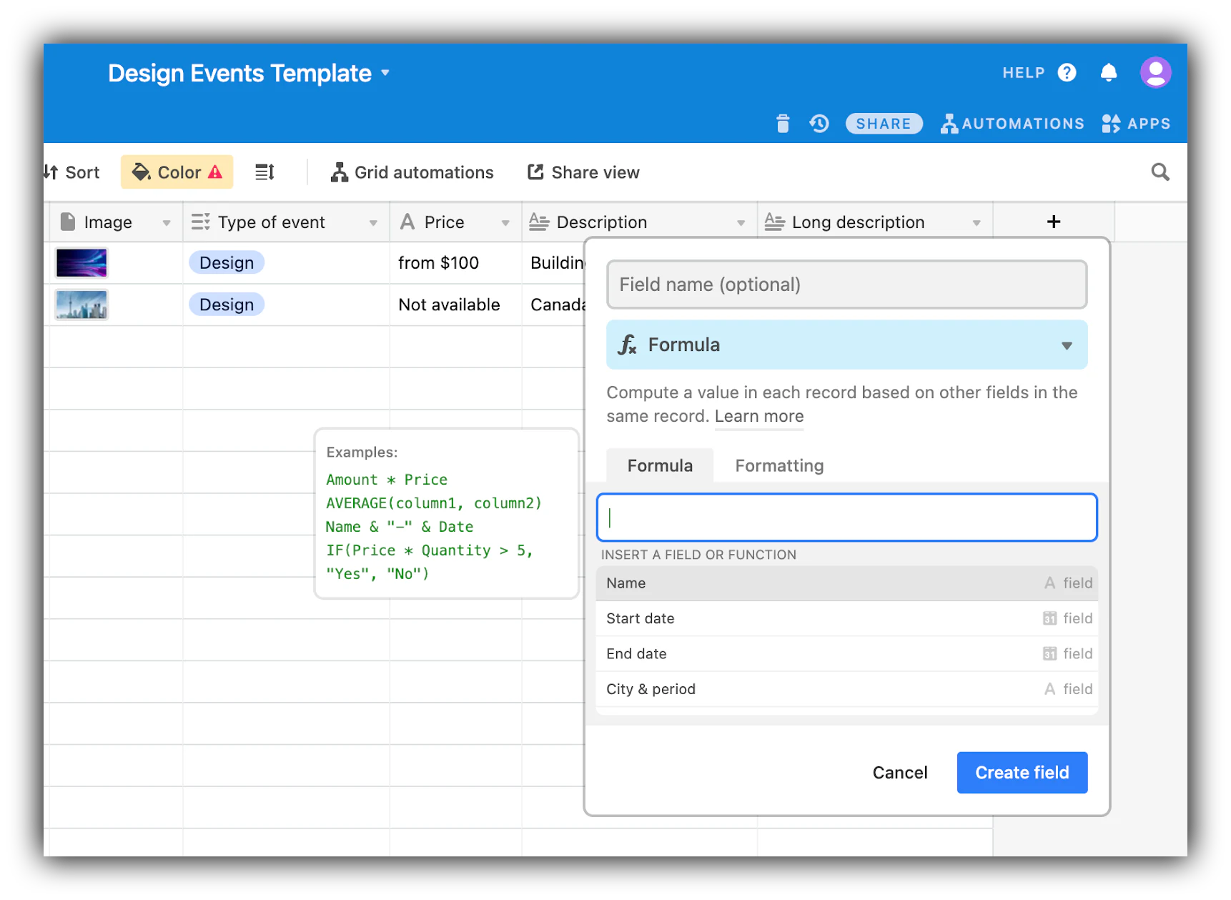 Airtable new field editor showing the Formula field type selected