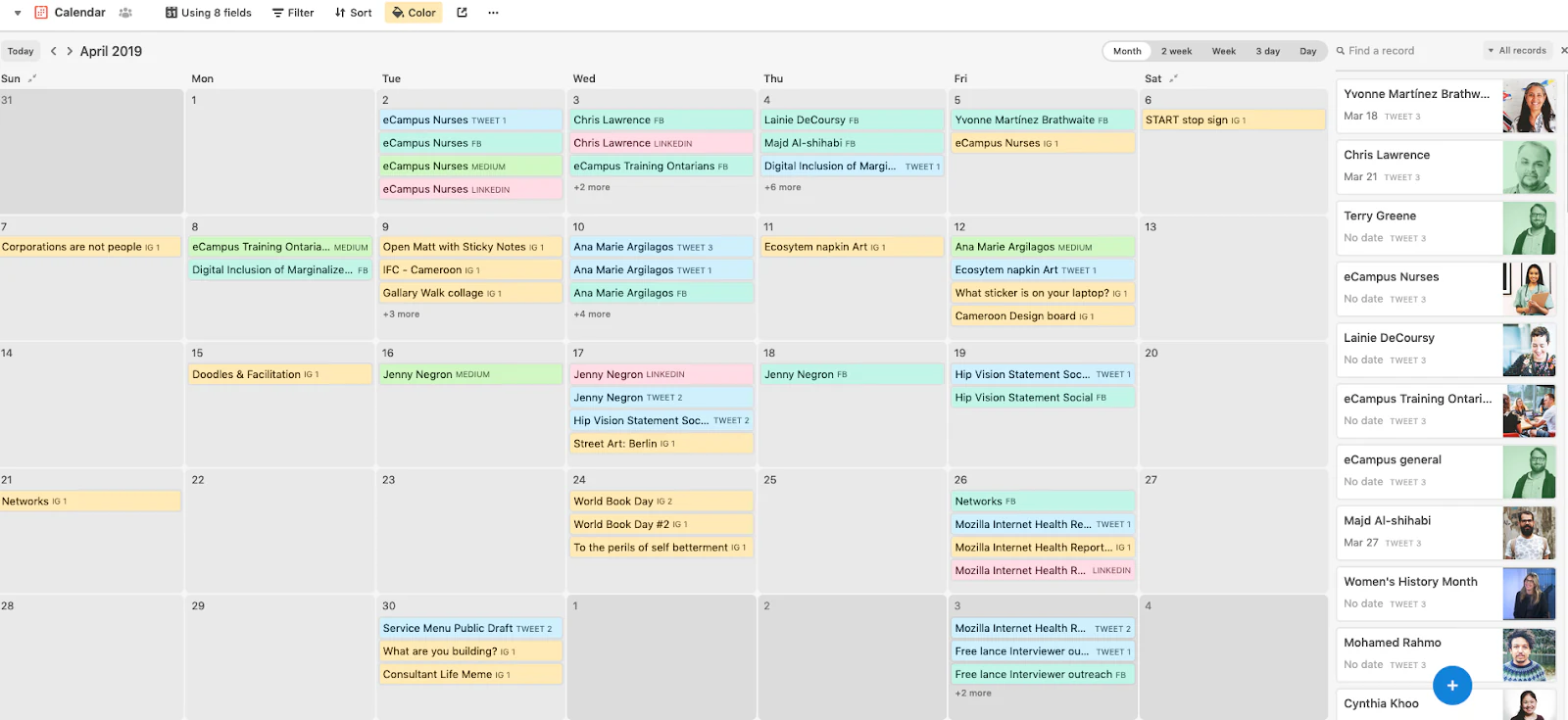 Airtable calendar view displaying records organized by date across a month