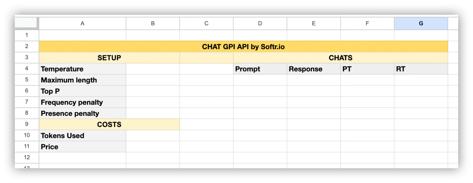 Google Sheet headers for prompts, responses, and setup values