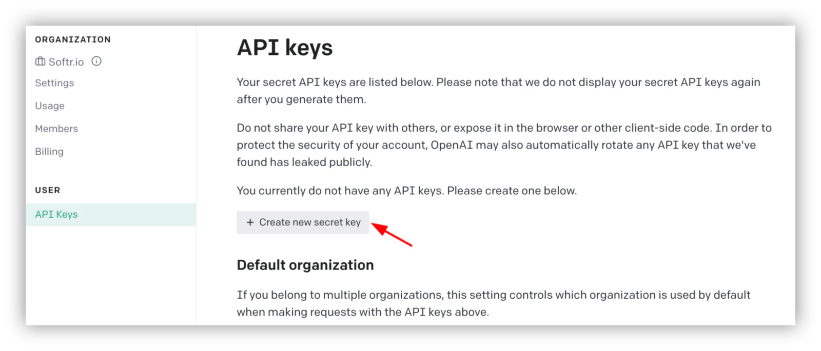 Generating a new secret API key in the OpenAI dashboard