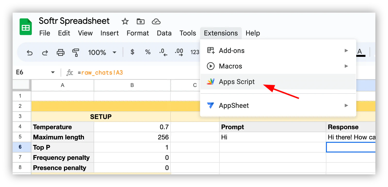 Opening the Apps Script editor from the Google Sheets Extensions menu