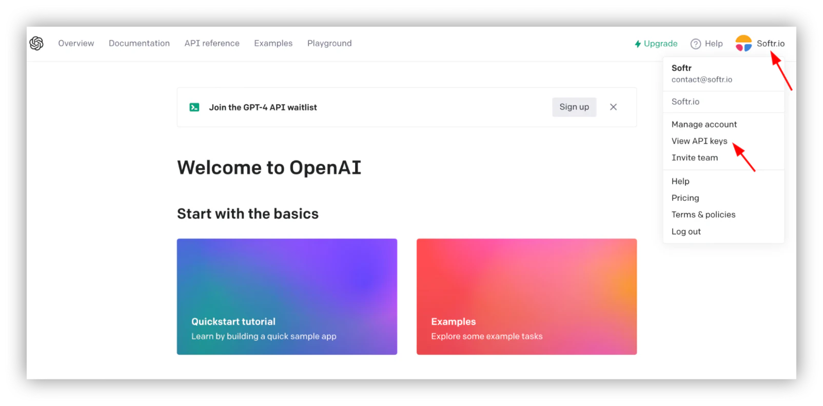 OpenAI platform home with the profile menu open and arrows pointing to View API keys
