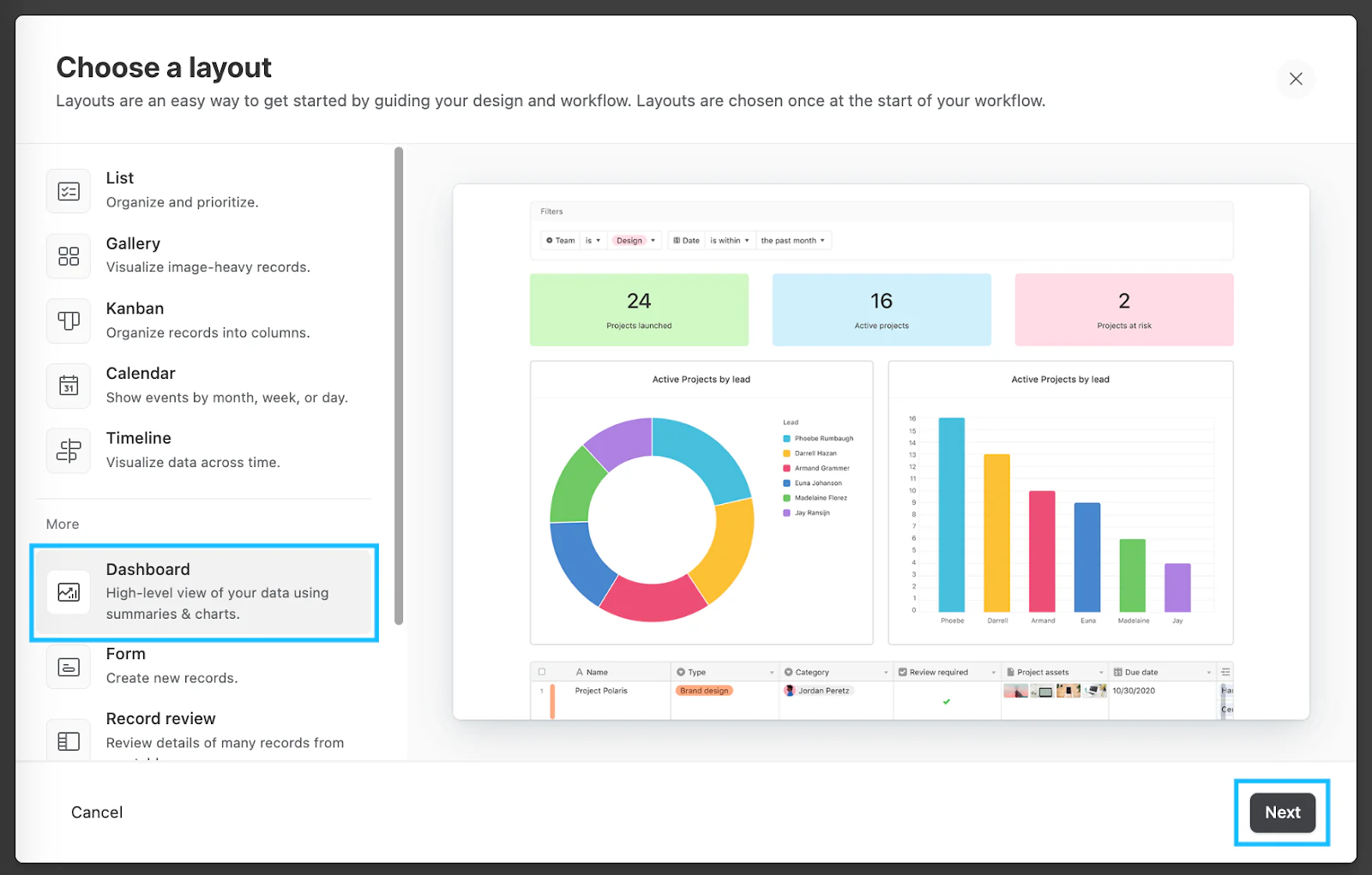 Choose dashboard layout