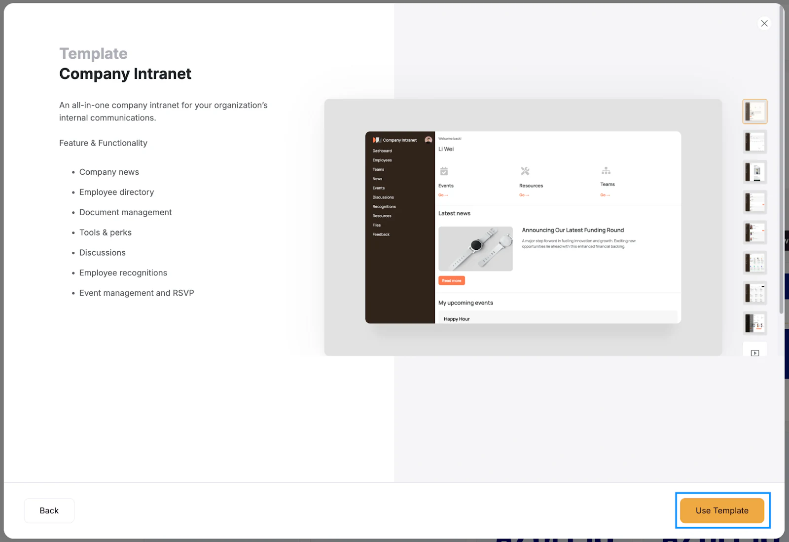 Softr Company Intranet template preview listing its features, with the Use Template button highlighted