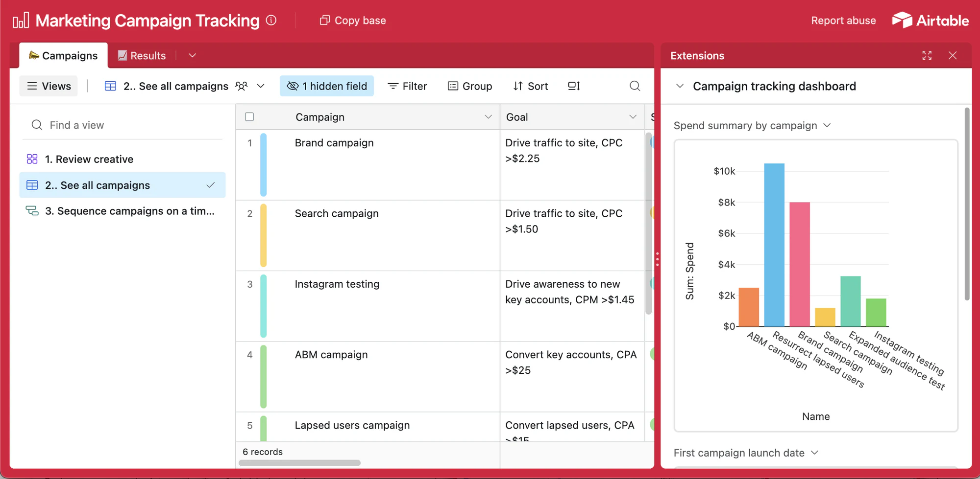 Airtable marketing campaign tracking template with a campaign list and a spend by campaign bar chart