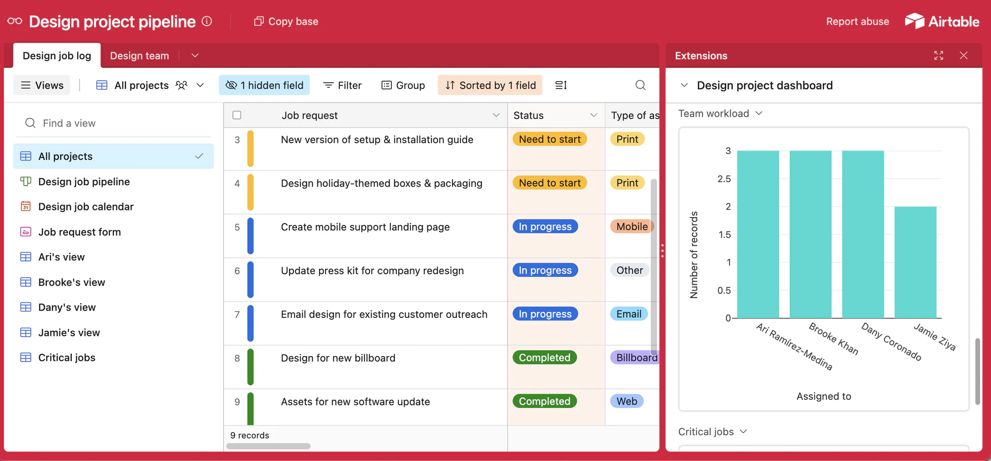 Airtable design project pipeline template with job requests by status and a team workload chart