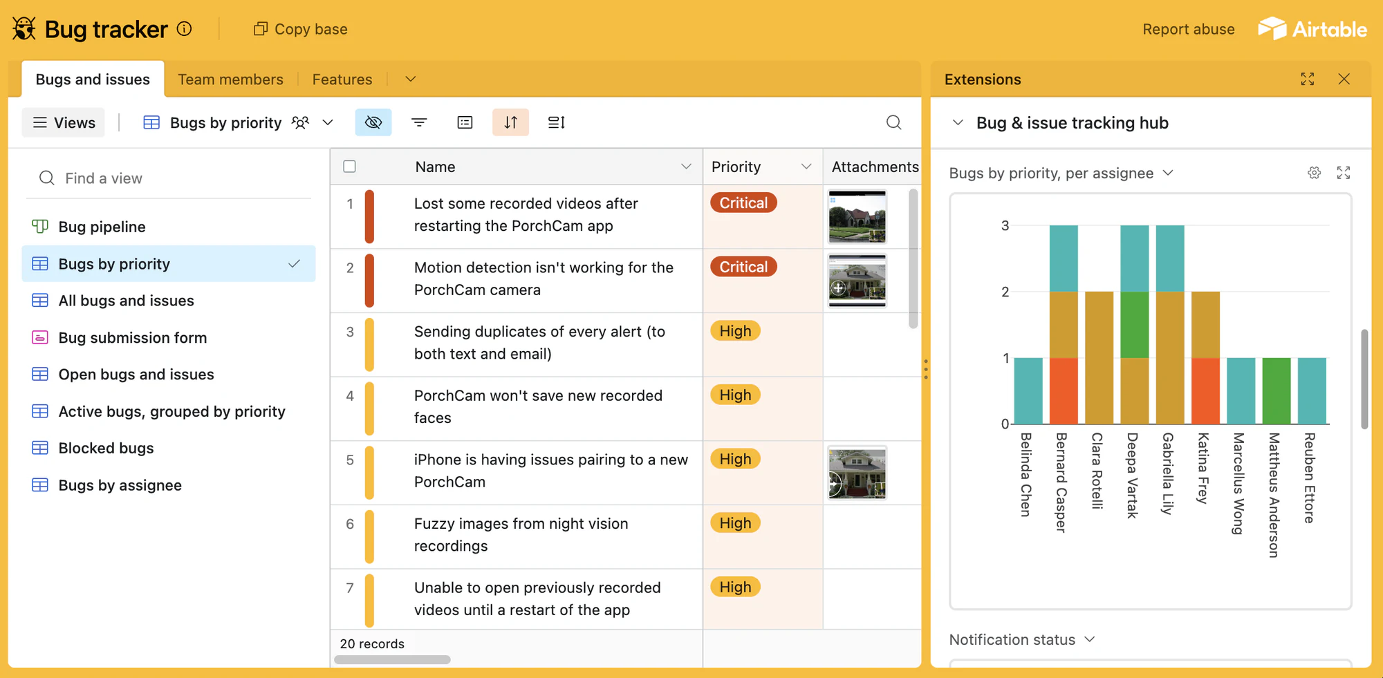 Airtable bug tracker template listing bugs by priority with a bugs per assignee bar chart
