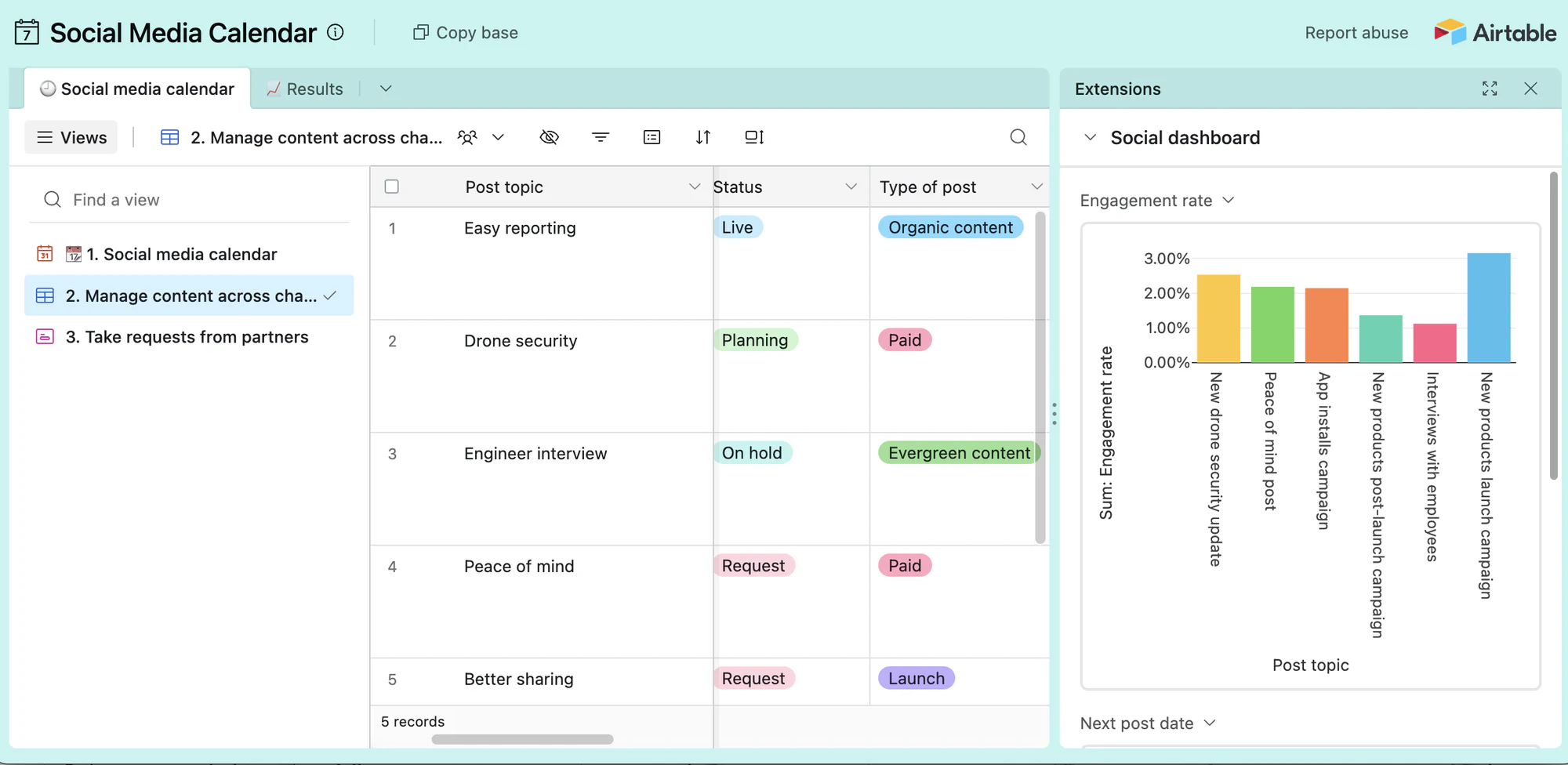 Airtable social media calendar template with post status and type fields and an engagement rate chart