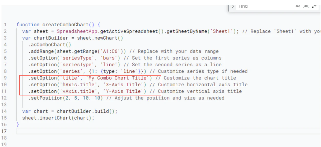 Editing axis titles and chart title options in the Apps Script code