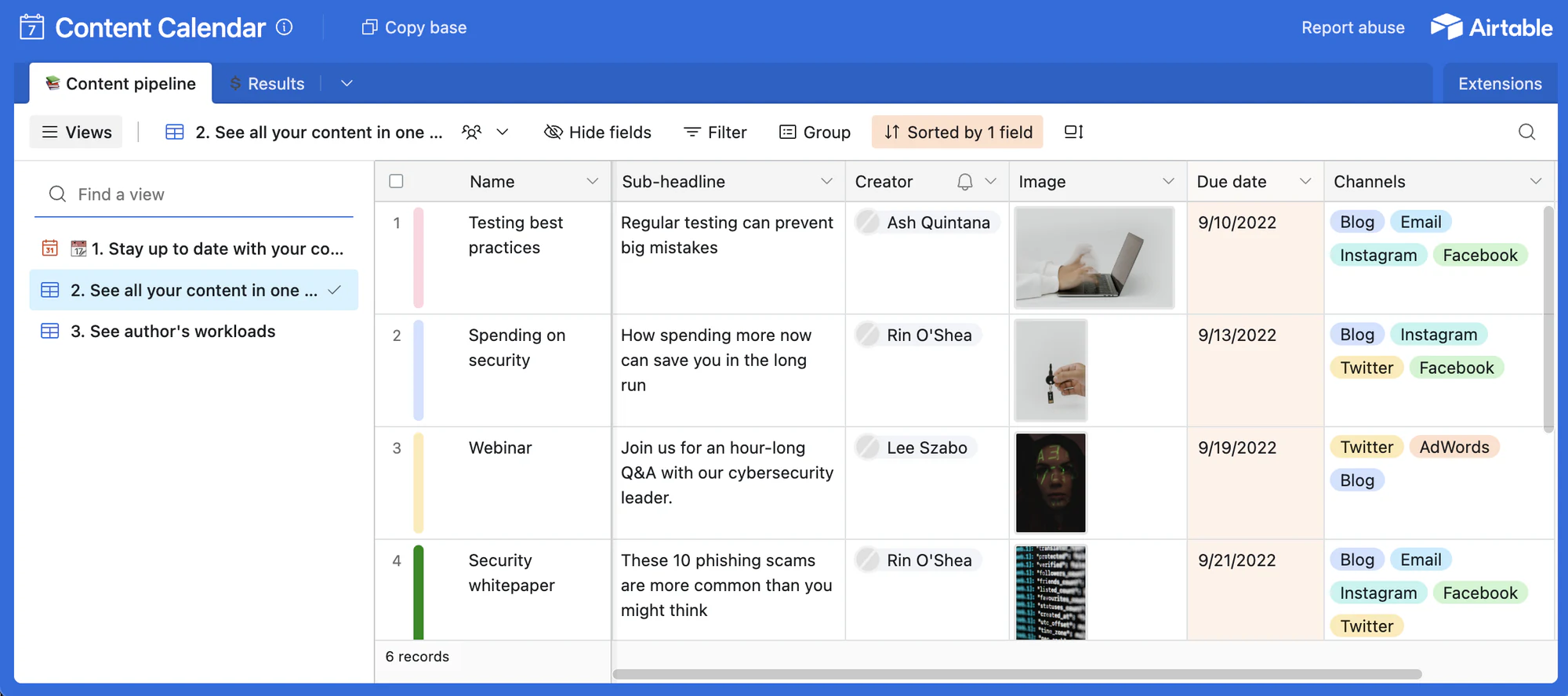 Airtable content calendar template with content pipeline records, creators, due dates and channels