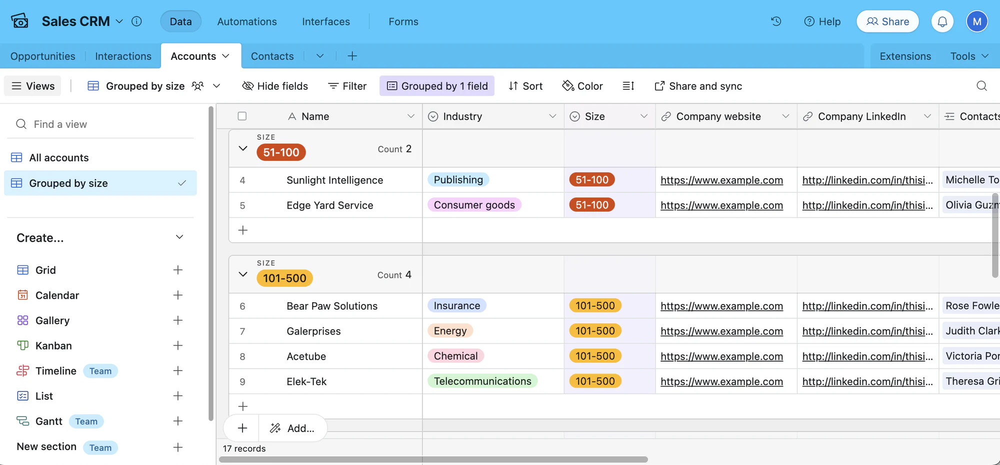 Airtable Sales CRM template showing the accounts table grouped by company size with industry tags
