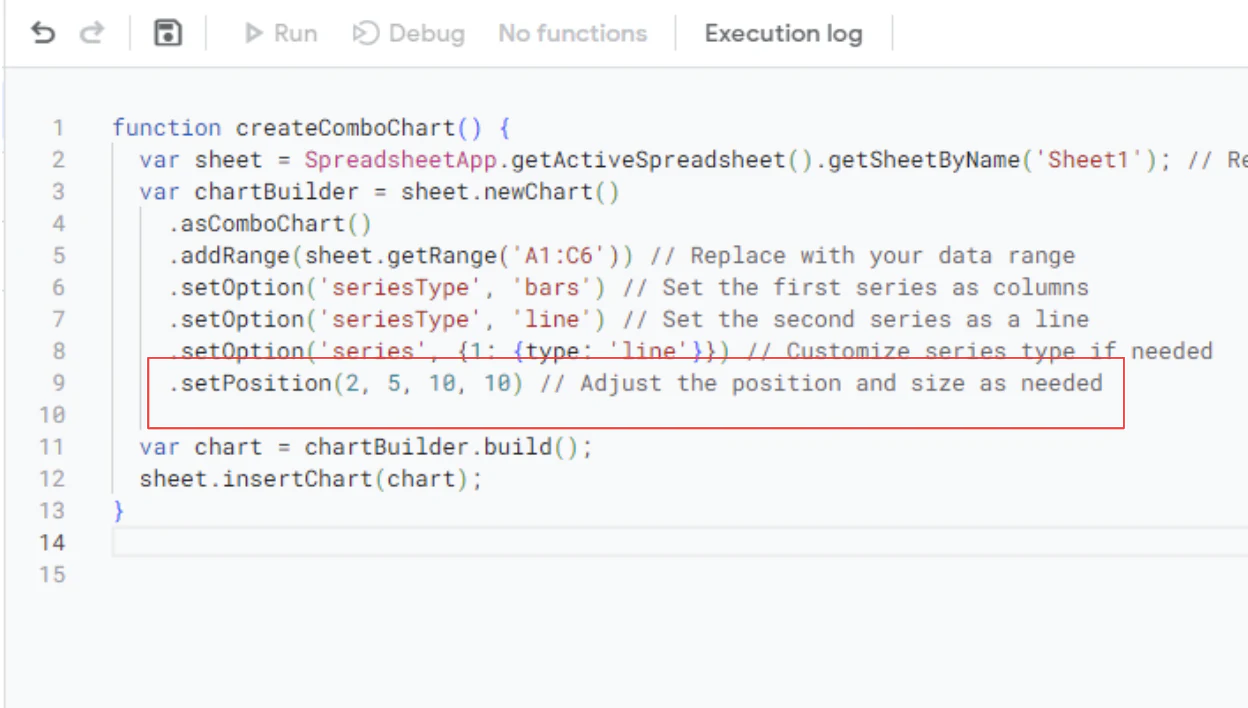 Adjusting chart position and size parameters in Apps Script