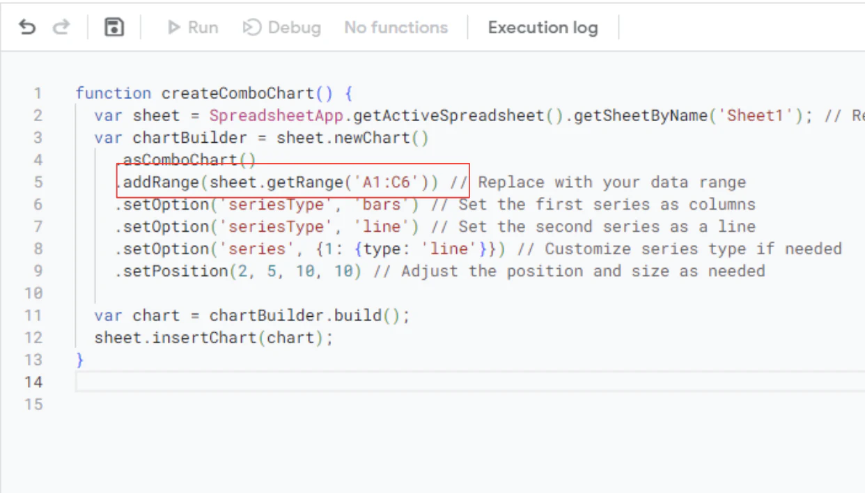 Updating the data range referenced in the Apps Script combo chart function