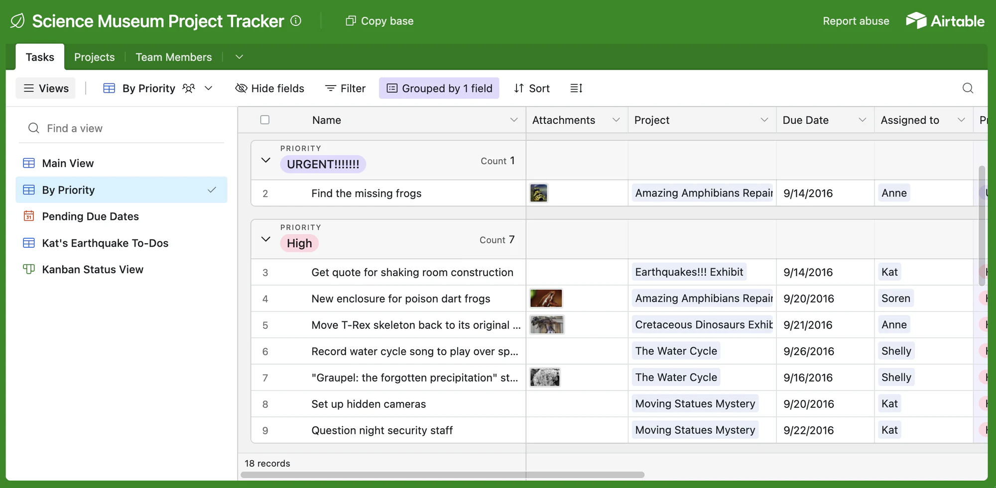 Airtable project tracker template with museum project tasks grouped by priority, due dates and assignees