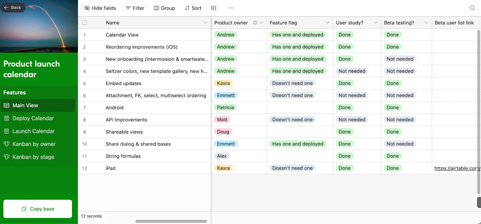 Airtable product launch calendar template