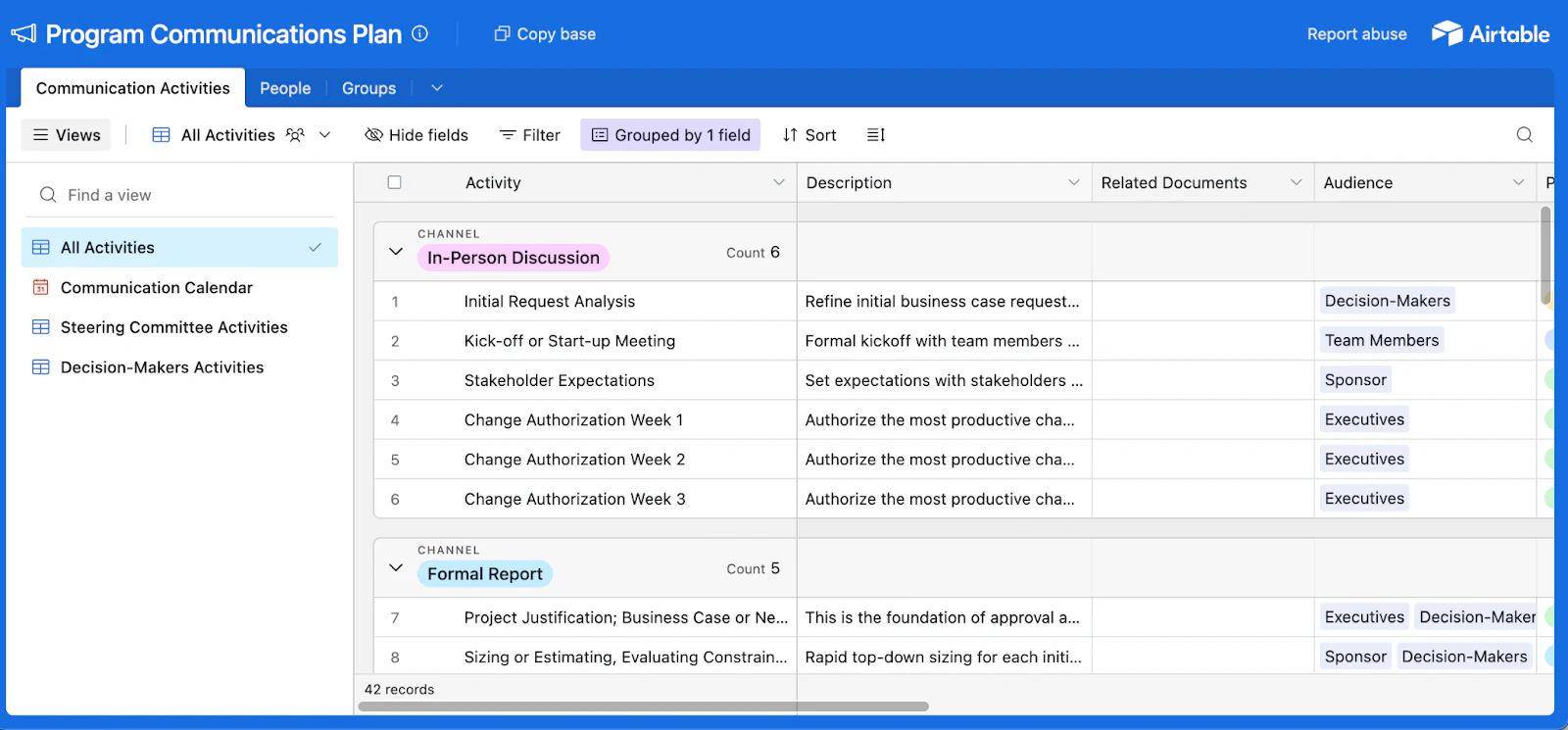 Airtable program communications plan template