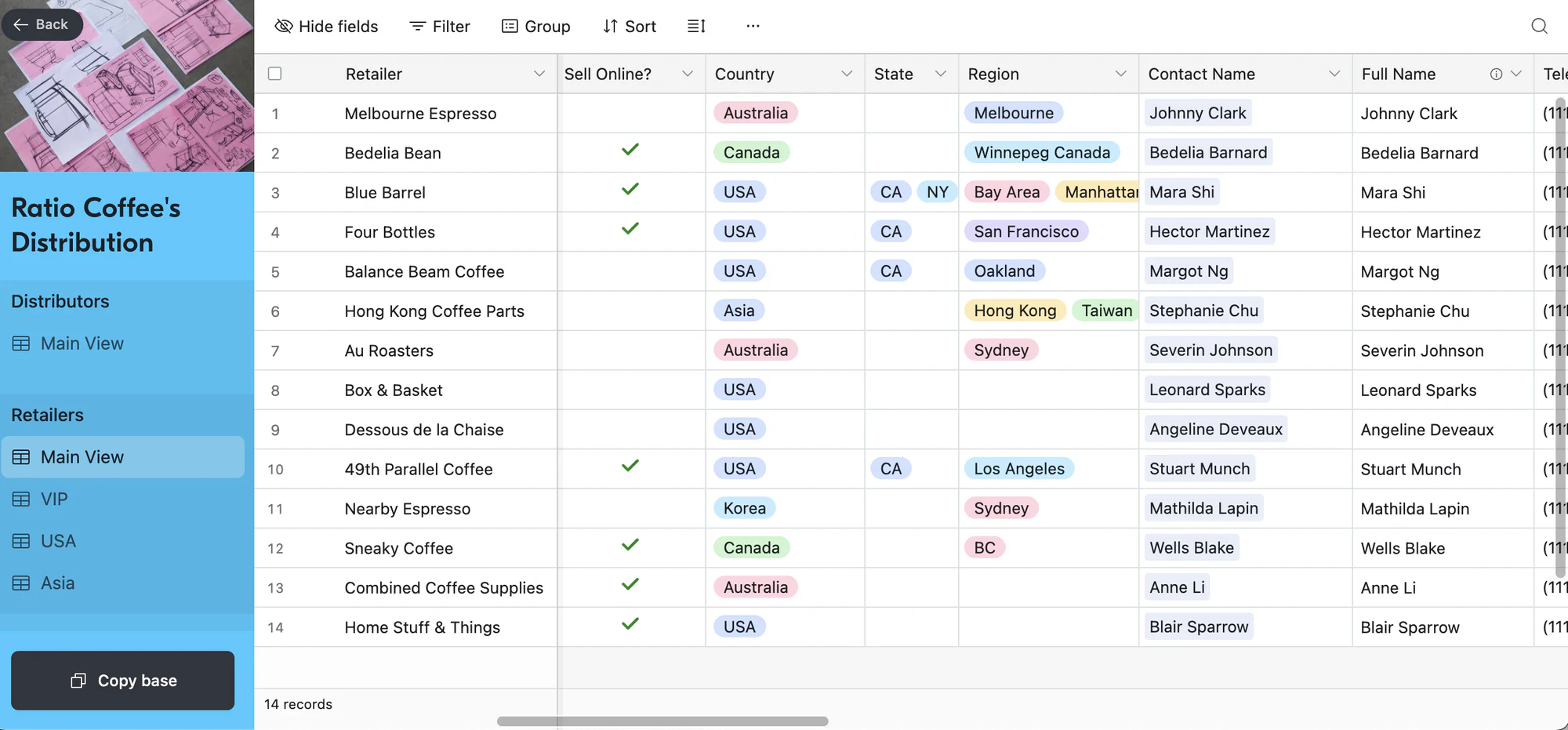 Airtable Ratio Coffee distribution template listing retailers by country, region and contact