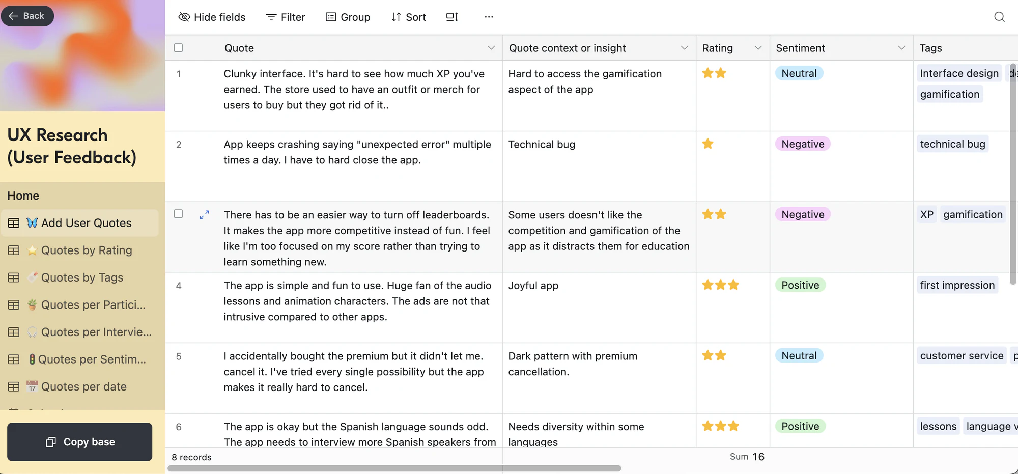 Airtable user feedback template with UX research quotes rated and tagged by sentiment