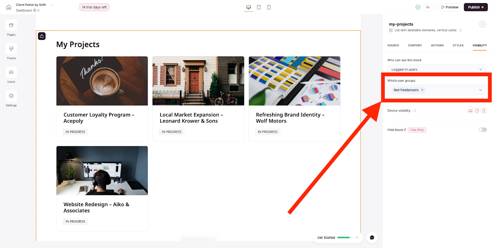 Selecting a specific user group to control block visibility in Softr