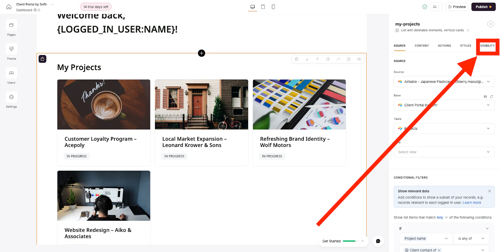 Softr block visibility tab in the right settings panel