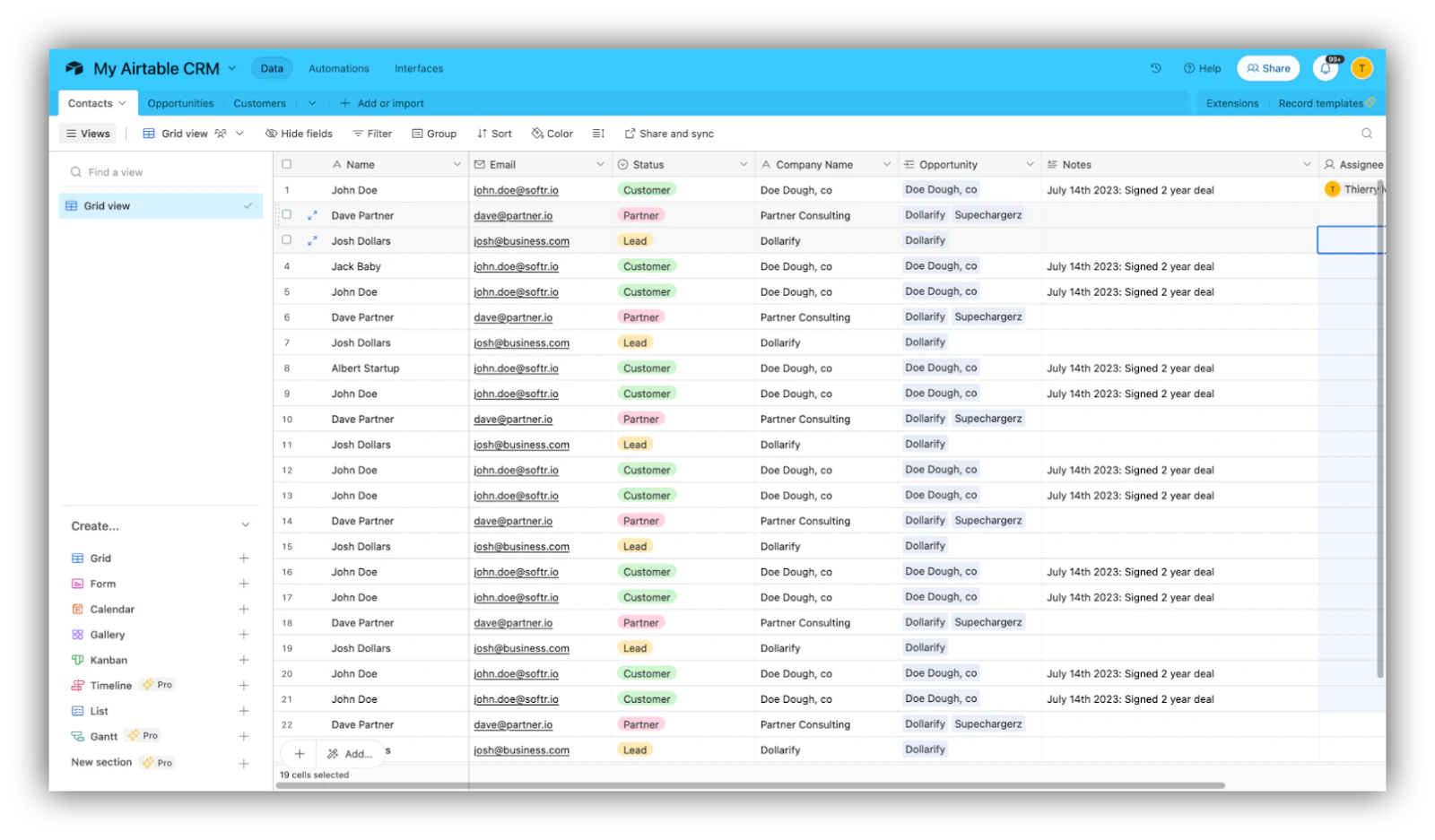 Use Airtable CRM grid view