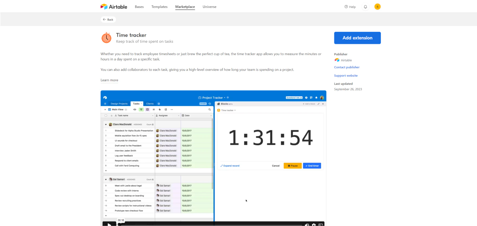 Time Tracker Airtable extension logging time spent on individual tasks and records