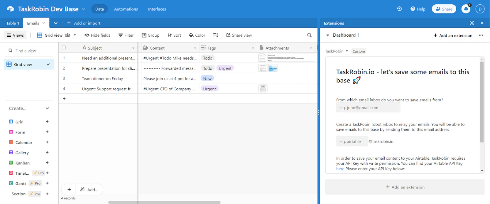 TaskRobin Airtable extension saving forwarded emails and attachments into base records
