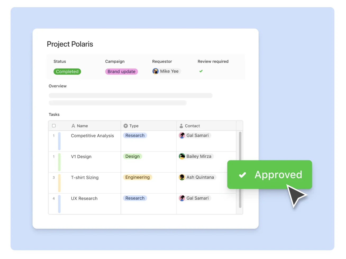 Airtable Interface Designer showing a project record with status fields, a task list, and an approval button