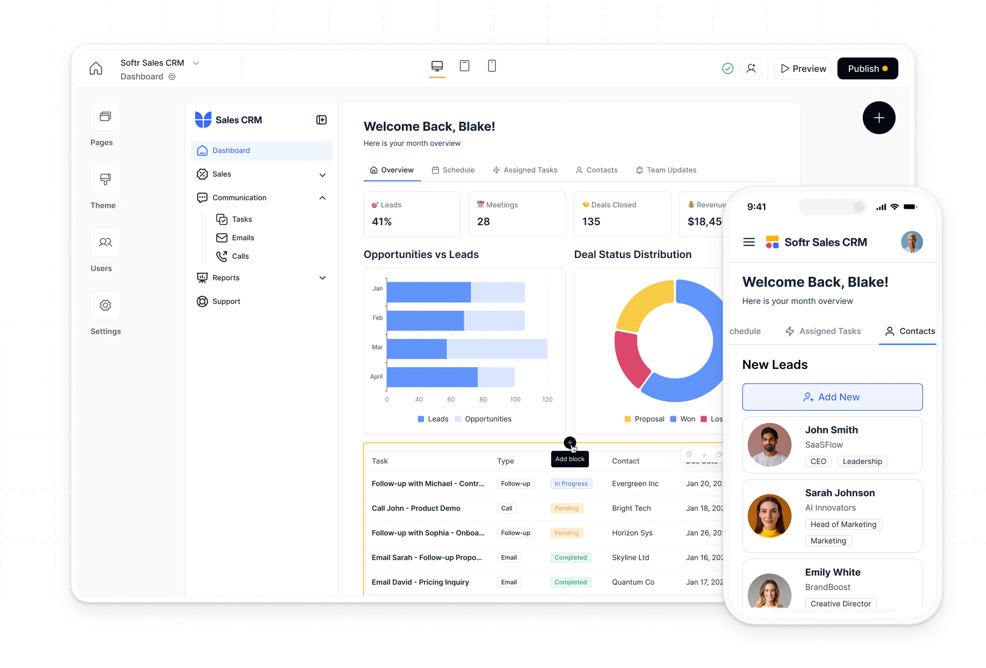 Softr Sales CRM dashboard on desktop and mobile showing lead metrics, deal charts, and a task list