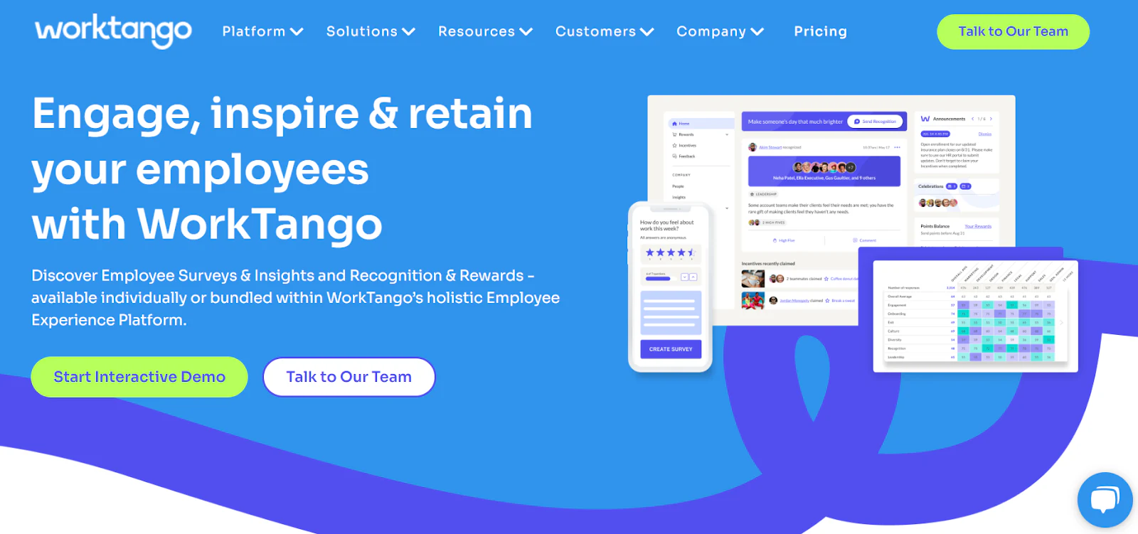 WorkTango home page with employee survey and recognition screens on desktop and mobile