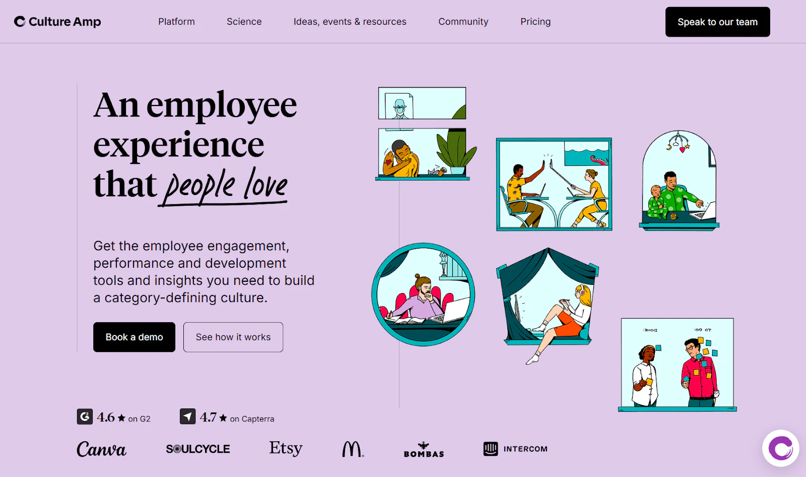 Culture Amp home page with illustrated employees at work and G2 and Capterra ratings