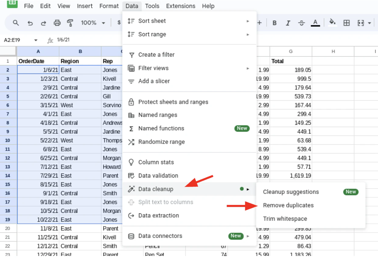 Google Sheets Data menu open showing the Data cleanup and Remove duplicates options