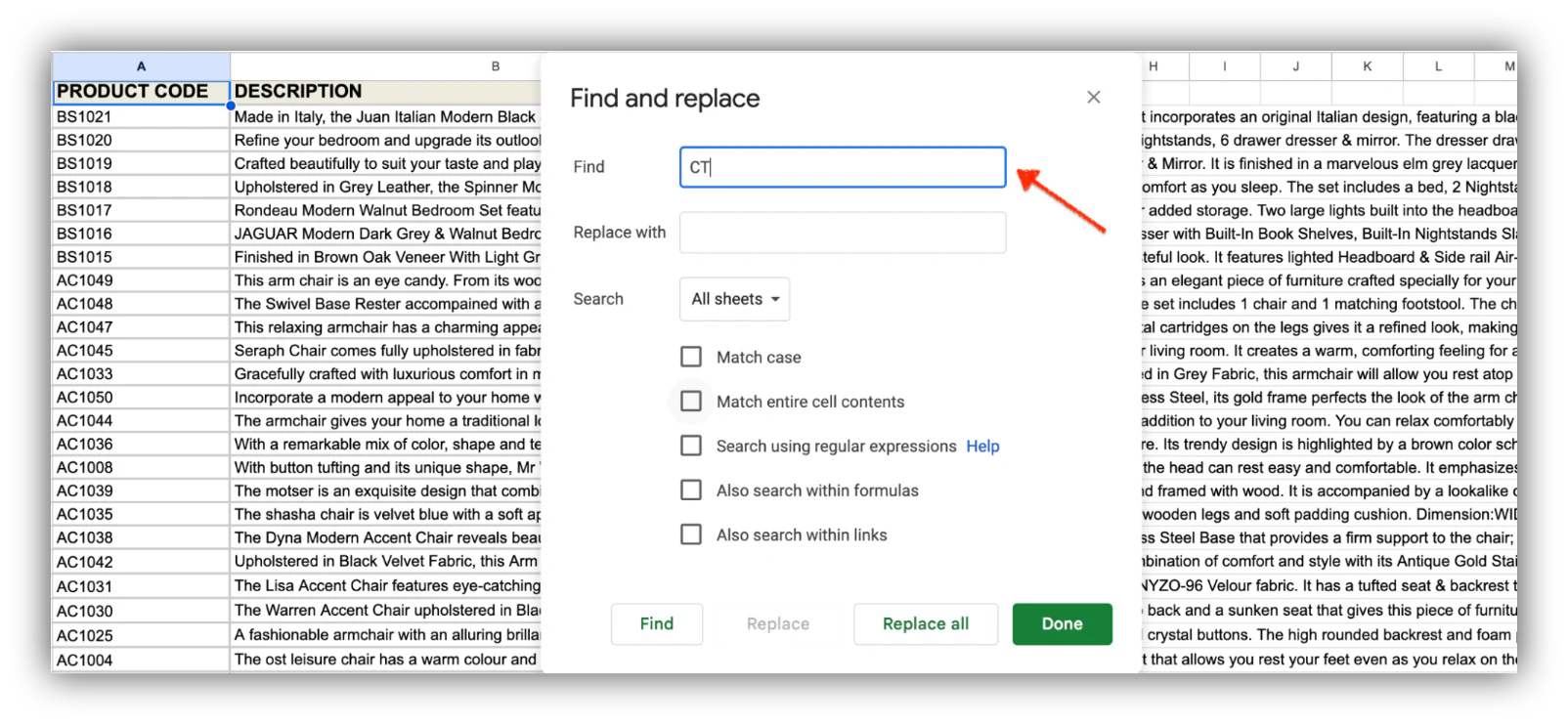 Enter the value you want to search for in the Find field.
