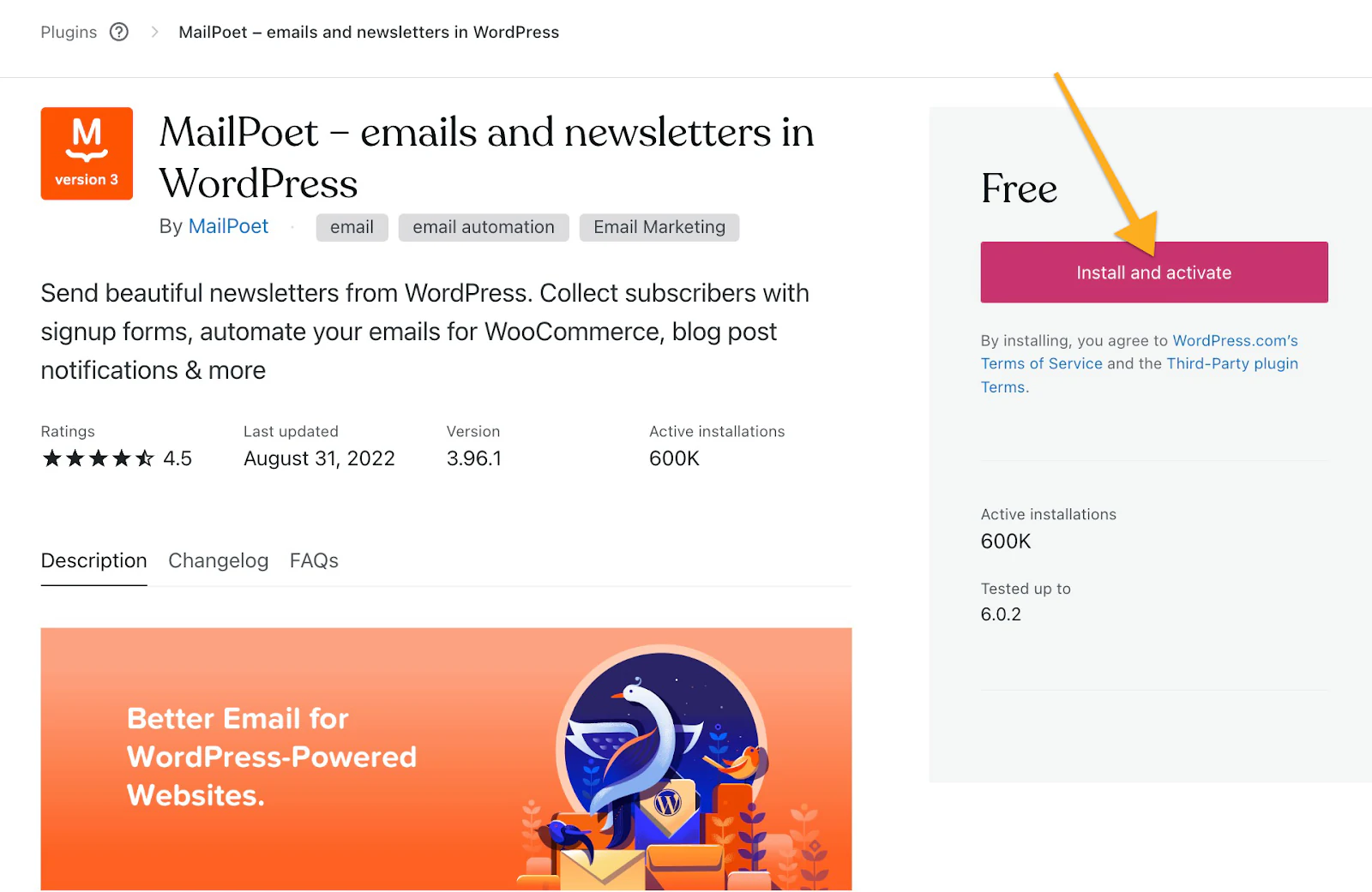 MailPoet plugin page in the WordPress plugin directory with an arrow pointing to Install and activate