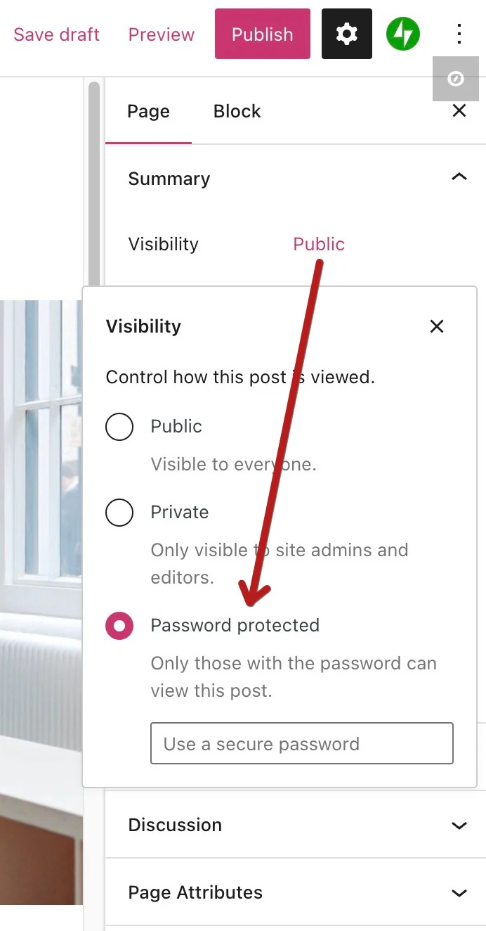 WordPress page visibility settings with an arrow pointing to the password protected option