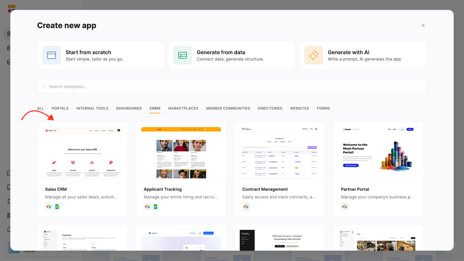 Create new app dialog with CRMs tab and Sales CRM template