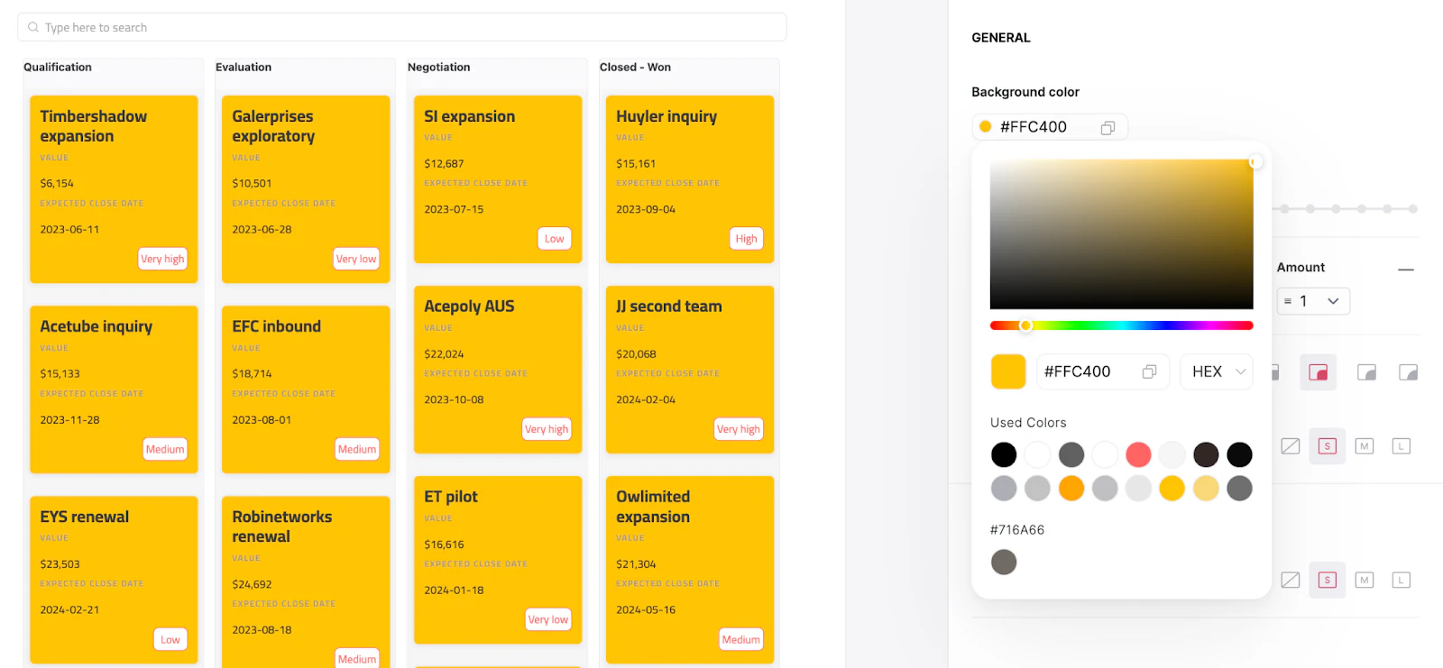 Background color dropdown for customizing tile color