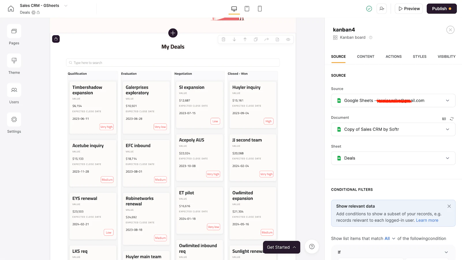 Sales CRM deals kanban board with block source settings panel