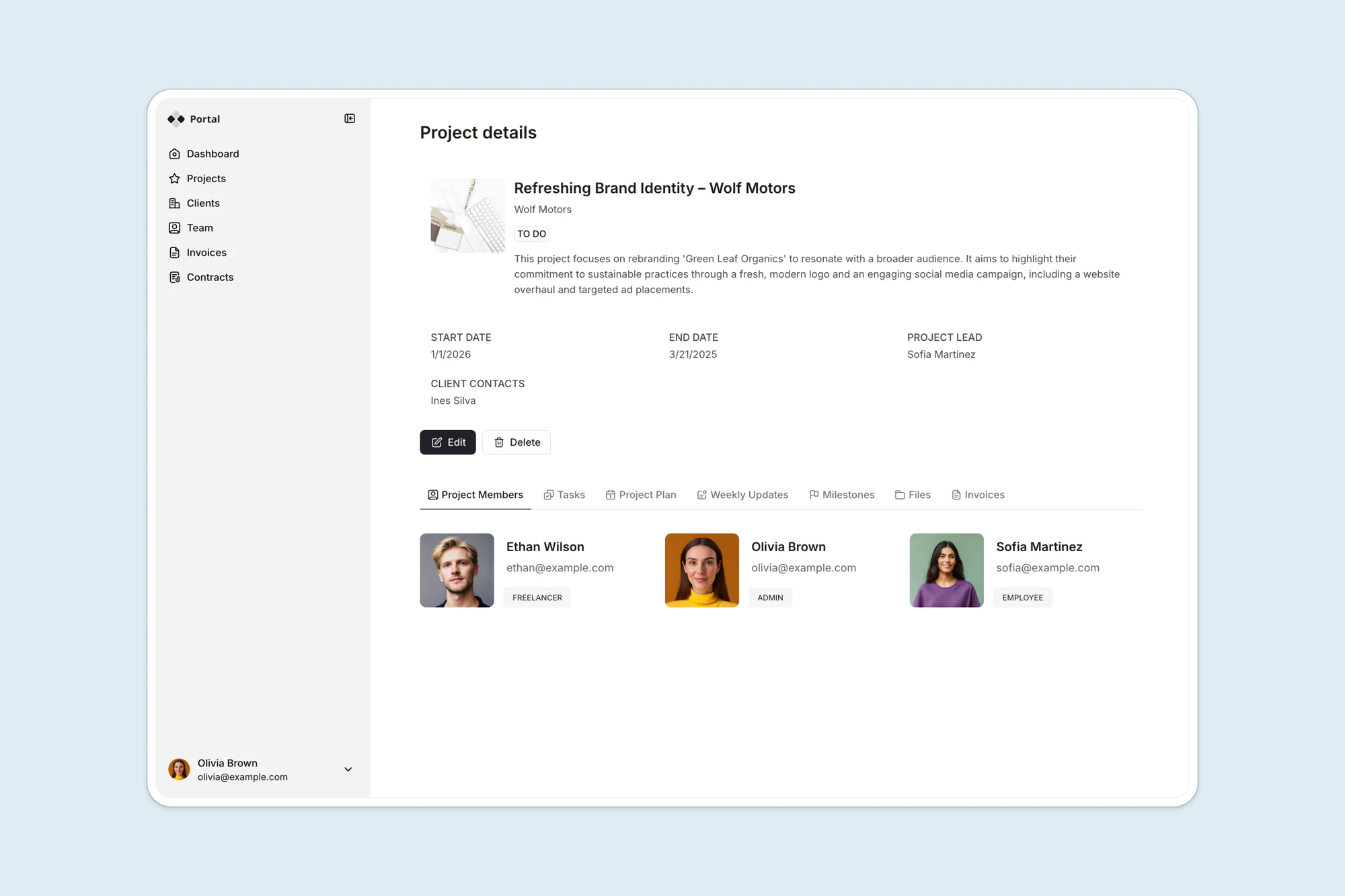 Softr client portal project details page with project dates, lead and project member cards