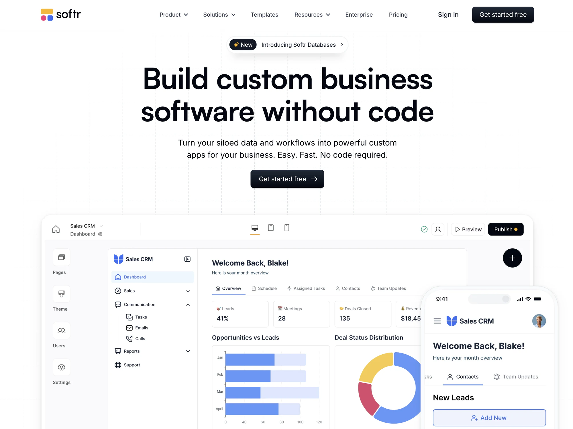Softr homepage hero with a Sales CRM app preview showing a dashboard on desktop and mobile